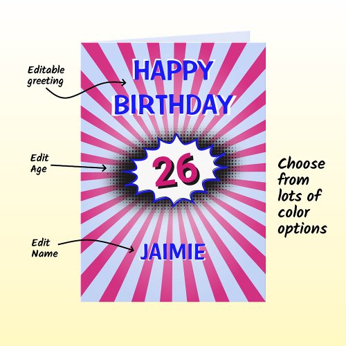 Blue pink birthday custom name and age retro card