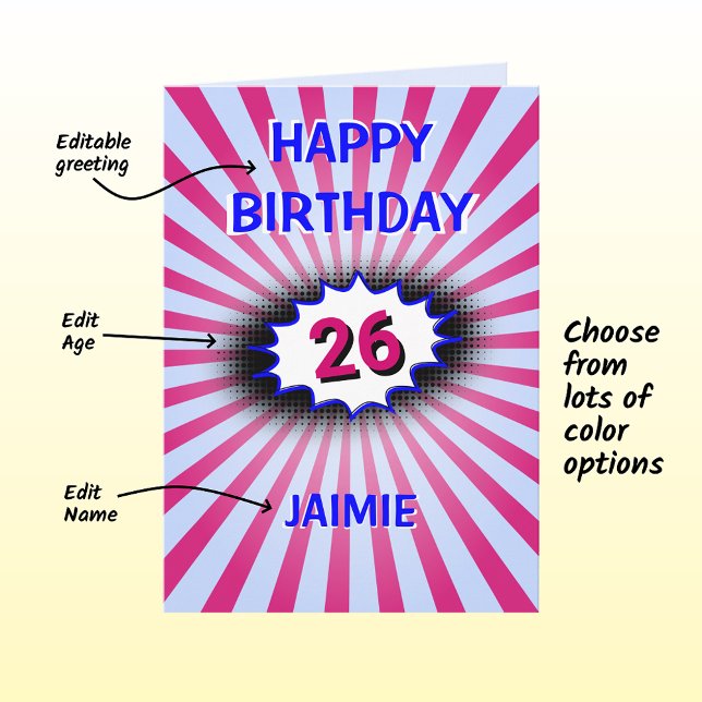 Blue pink birthday custom name and age retro card (Creator Uploaded)