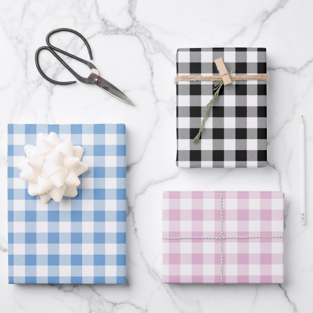 Blue Pink Black Buffalo Plaid Seamless Checkered Wrapping Paper Sheets (Front)