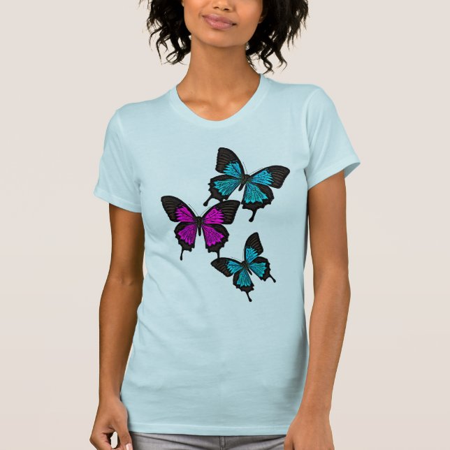 Blue/pink/black butterfly/butterflies/front/back T-Shirt (Front)
