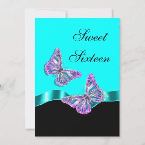 Blue pink black butterfly ribbon invitation