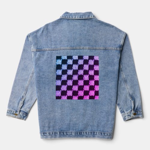 Blue Pink Black Checkered Artisan Crochet Print    Denim Jacket