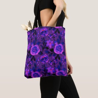 Blue Pink Black Floral Pattern  Tote Bag