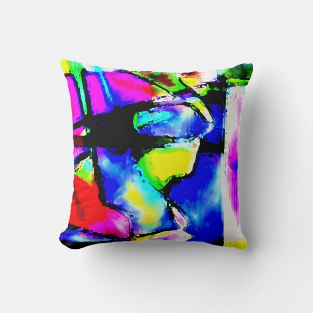 Blue Pink Black Yellow Green Abstract Art Motif Throw Pillow (Front)