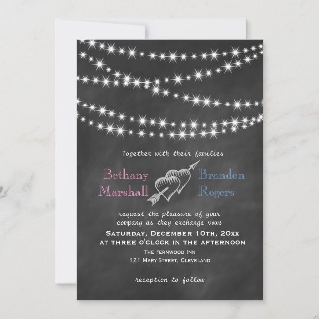 Blue & Pink Blackboard Twinkle Lights Invite (Front)