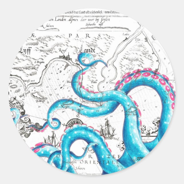Blue Pink Bleached Tentacles Ink Classic Round Sticker (Front)