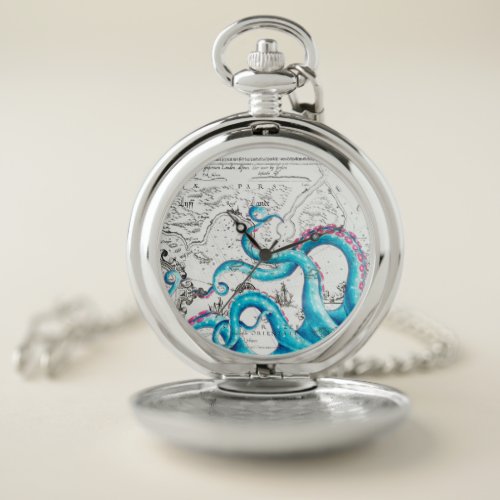 Blue Pink Bleached Tentacles Ink Pocket Watch