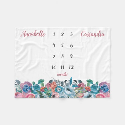 Blue Pink Blush Floral Twin Milestone Baby Fleece Blanket