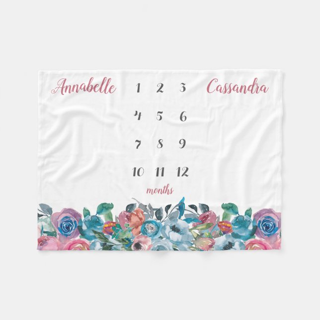 Blue Pink Blush Floral Twin Milestone Baby Fleece Blanket (Front (Horizontal))