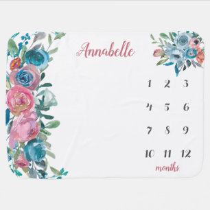 Blue Pink Blush Rose Floral Baby Milestone Photo Blanket