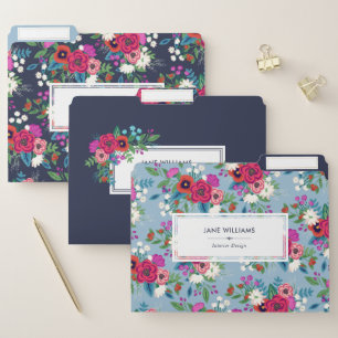 Blue Pink Bohemian Floral Pattern Add Name File Folder