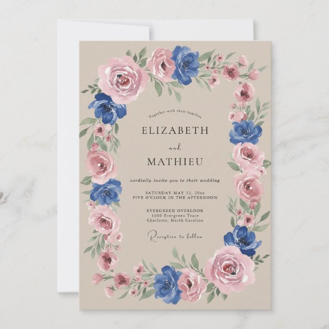 Blue Pink Botanical Whimsy Wedding Invitation (Front)
