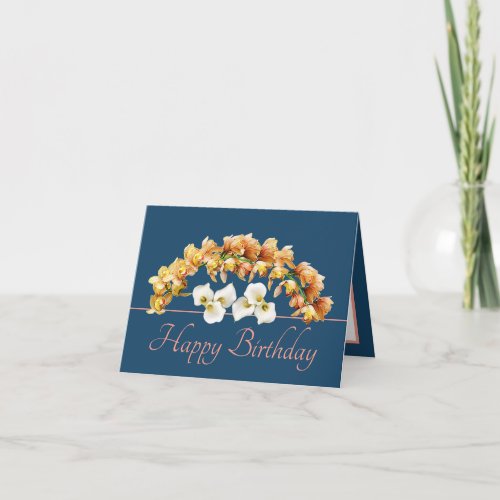 Blue Pink Bouquet Orchids Lilies Happy Birthday Card