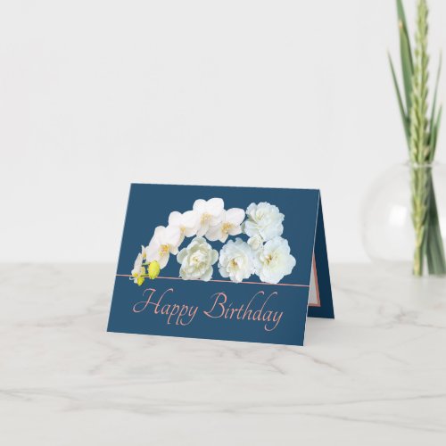 Blue Pink Bouquet White Flowers Happy Birthday Card