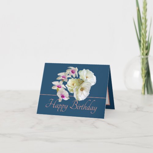 Blue Pink Bouquet White Roses Orchids Birthday Card