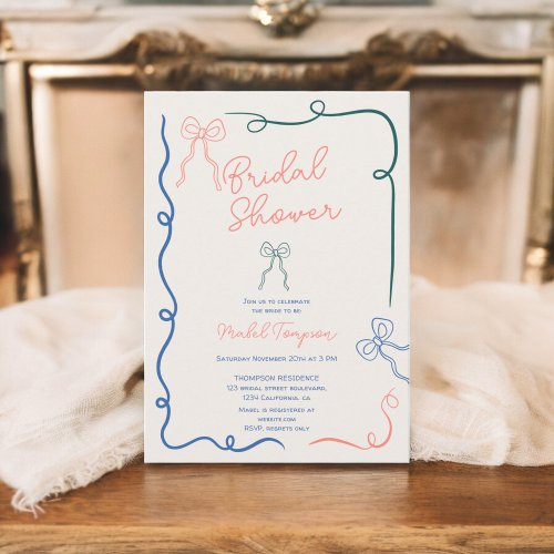 Blue pink bows ribbons illustrations Bridal shower Invitation