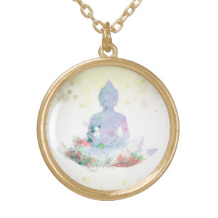 *~* Blue Pink Buddha Botanical Floral Lotus AP33 Gold Plated Necklace