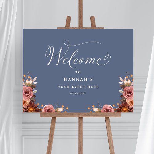 Blue Pink Burgundy Floral Any Event Welcome Sign