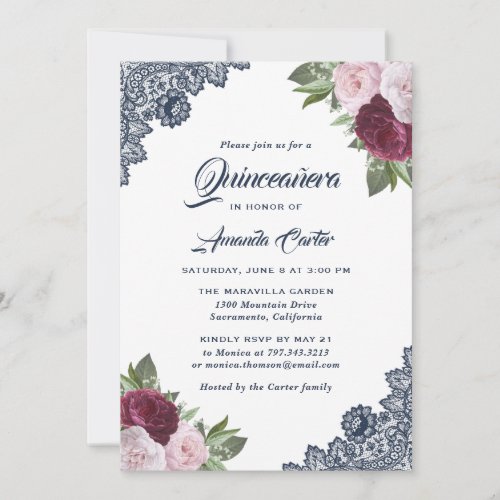 Blue Pink Burgundy Floral Quinceaera Invitations