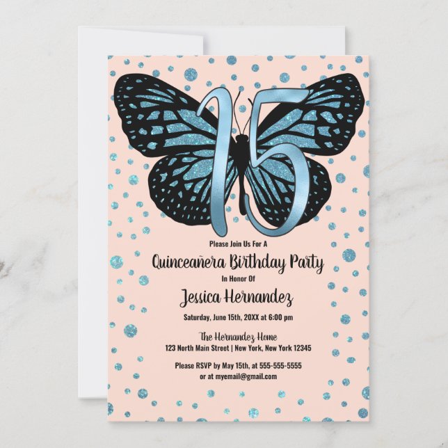Blue Pink Butterfly Glitter Confetti Quinceañera Invitation (Front)