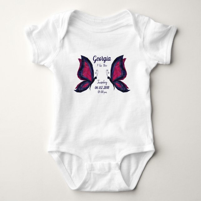 Blue/pink butterfly modern new baby birth stats baby bodysuit (Front)