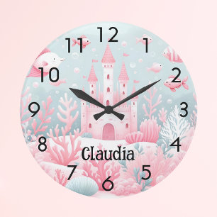 Blue pink castle fish sea fairytale nursery large clock