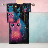 Blue Pink cats Bath Towel Set