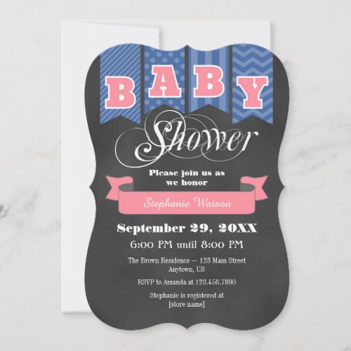Blue Pink Chalkboard Flag Baby Shower Invite
