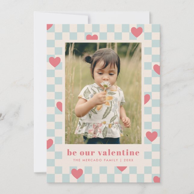 Blue Pink Checkerboard Hearts Valentine's Day Card (Front)