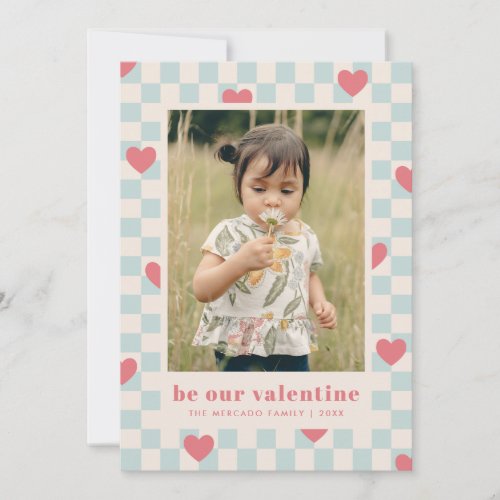 Blue Pink Checkerboard Hearts Valentines Day Card