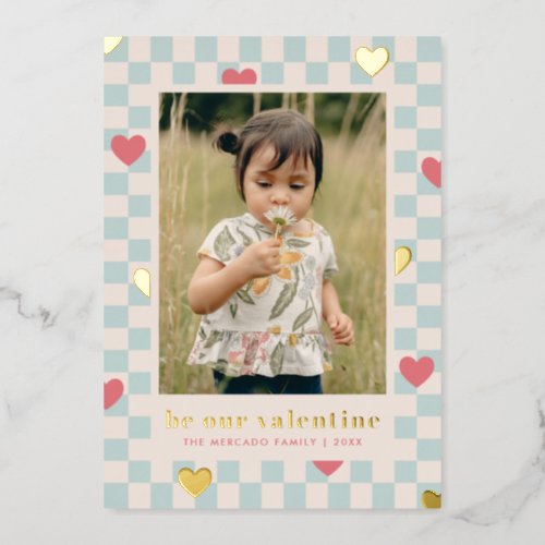 Blue Pink Checkerboard Hearts Valentines Day Card