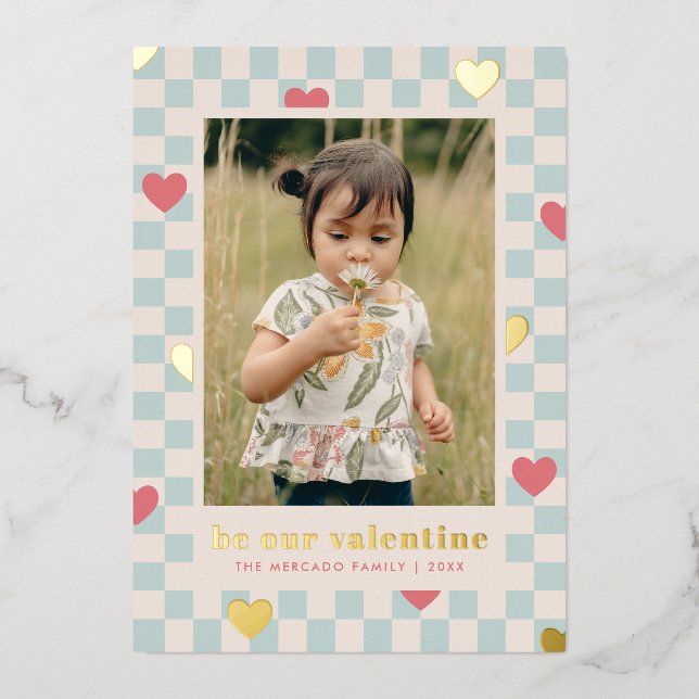 Blue Pink Checkerboard Hearts Valentine's Day Card (Front)