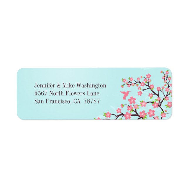 Blue pink cherry blossoms wedding address label (Front)