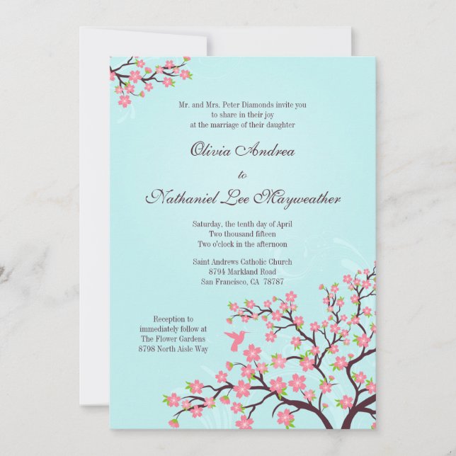 Blue pink cherry blossoms wedding invitation (Front)