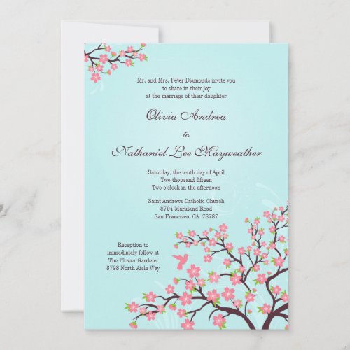 Blue pink cherry blossoms wedding invitation