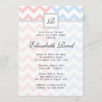 Blue & Pink Chevron Monogrammed Twins Baby Shower Invitation