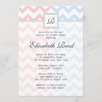 Blue & Pink Chevron Monogrammed Twins Baby Shower Invitation by prettypicture at Zazzle