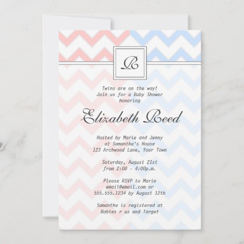 Blue  Pink Chevron Monogrammed Twins Baby Shower Invitation