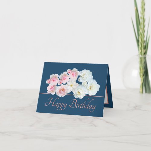 Blue Pink Chic Bouquet White Pink Roses Birthday Card