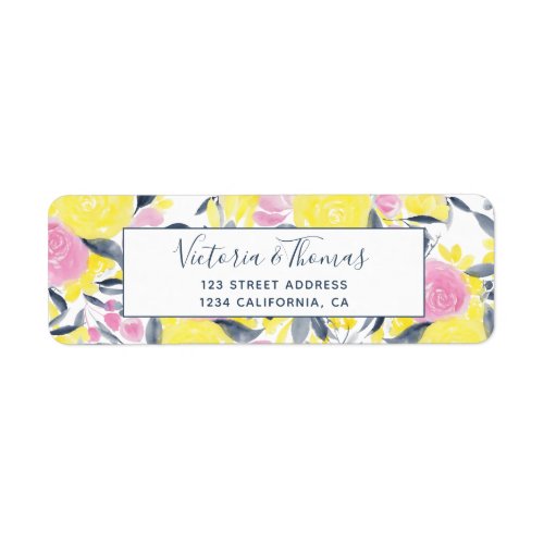 Blue pink chic floral watercolor botanical pattern label