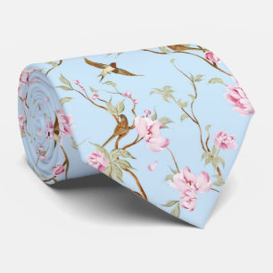 Blue & Pink Chinoiserie Botanical Birds & Flower Neck Tie