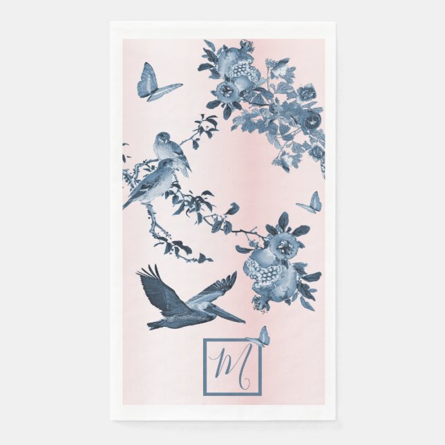 Blue Pink Chinoiserie Floral Elegant Monogram  Paper Guest Towels (Front)