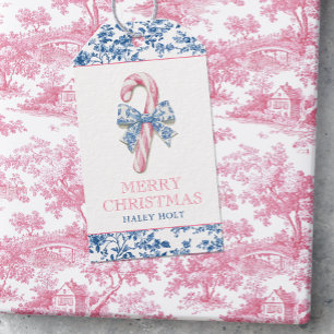 Blue & Pink Chinoiserie Toile Christmas Candy Cane Gift Tags