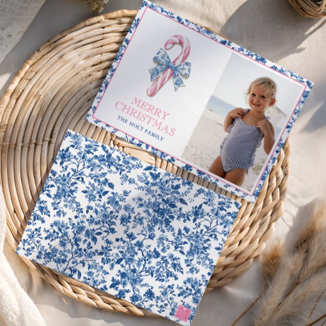 Blue & Pink Chinoiserie Toile Christmas Candy Cane Holiday Card (Creator Uploaded)