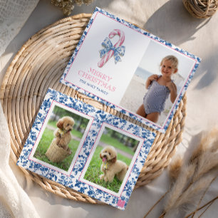 Blue & Pink Chinoiserie Toile Christmas Candy Cane Holiday Card