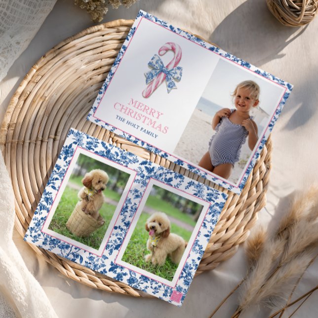 Blue & Pink Chinoiserie Toile Christmas Candy Cane Holiday Card (Creator Uploaded)