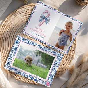 Blue & Pink Chinoiserie Toile Christmas Candy Cane Holiday Card