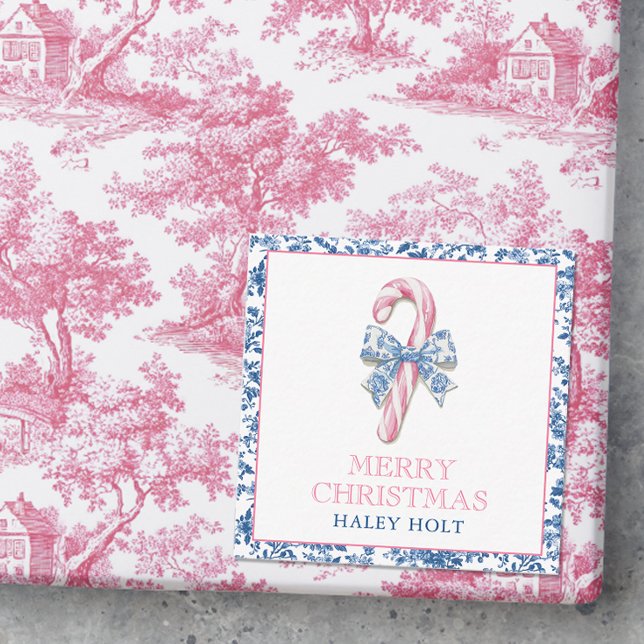 Blue & Pink Chinoiserie Toile Christmas Candy Cane Note Card (Photo of a pink and blue chinoiserie christmas gift with a gift enclosure card.)