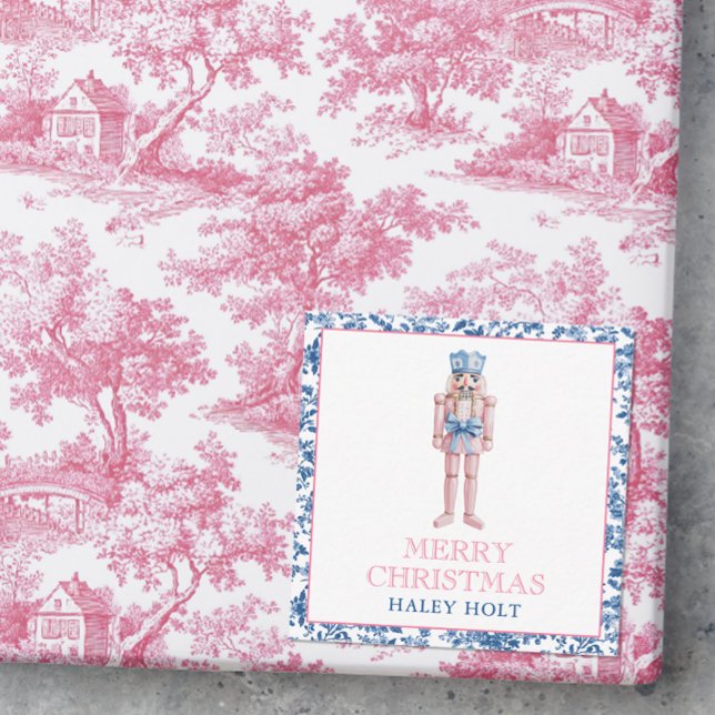 Blue & Pink Chinoiserie Toile Christmas Nutcracker Note Card (Photo of a pink and blue chinoiserie christmas gift with a gift enclosure card.)