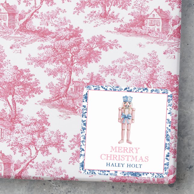 Blue & Pink Chinoiserie Toile Christmas Nutcracker Square Sticker (Creator Uploaded)